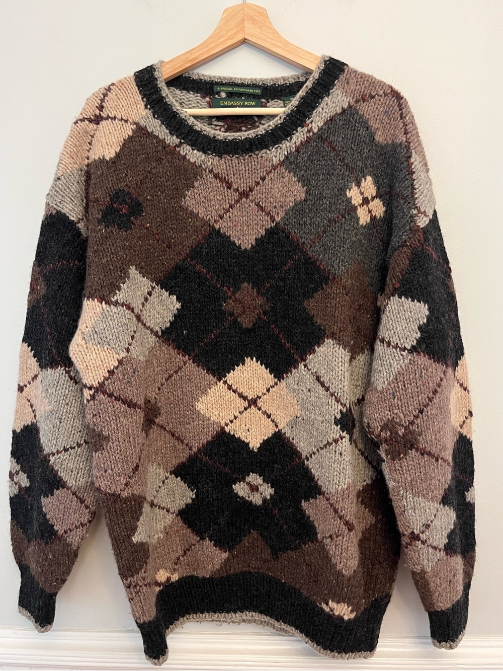 Embassy Row Hand Knit Shetland Wool Argyle Pullover Sweater, Size XL